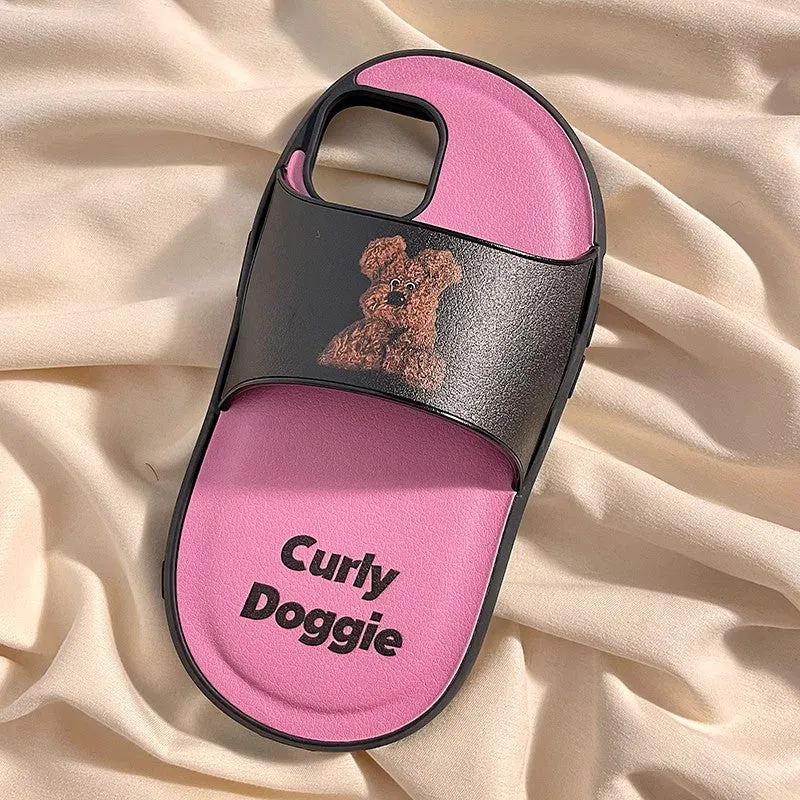 Cartoon dog silicone phone case for iPhone 15 Pro Max, pink background with white dog design