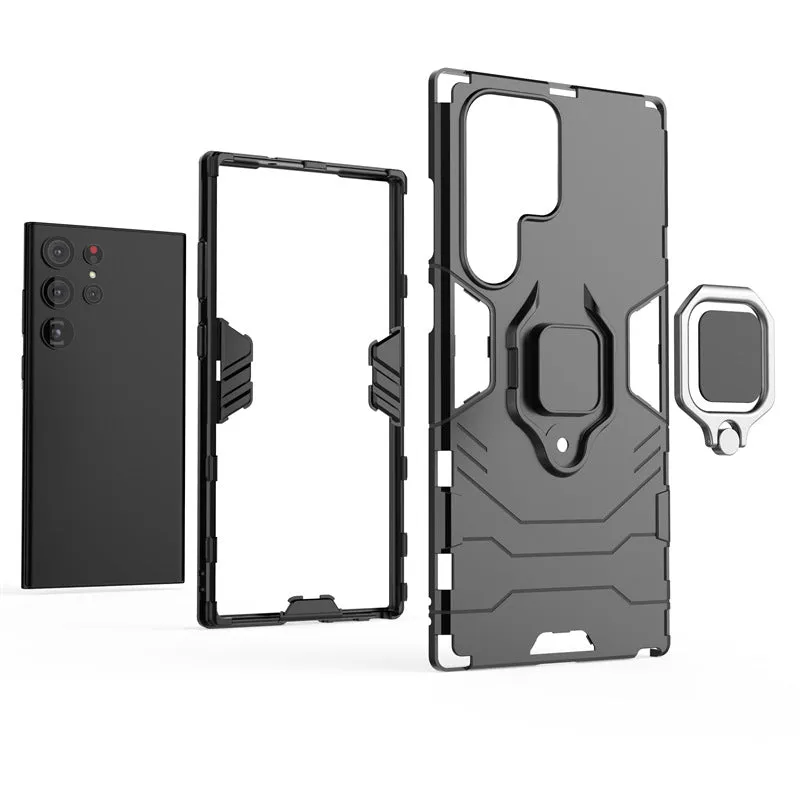 Black TPU PC phone case for Samsung Galaxy with kickstand bracket standing on a table