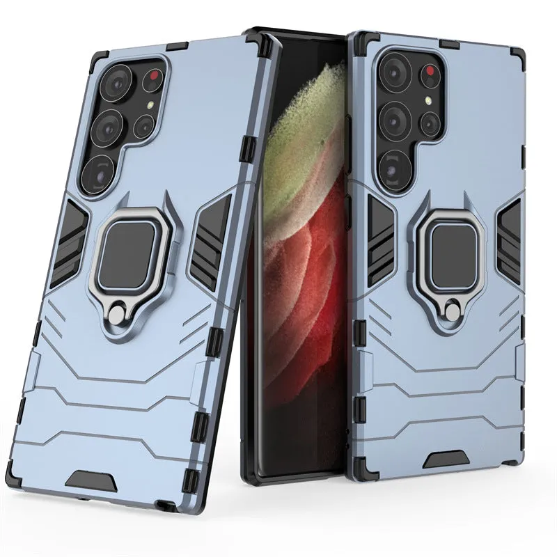 Black TPU PC phone case for Samsung Galaxy with kickstand bracket standing on a table