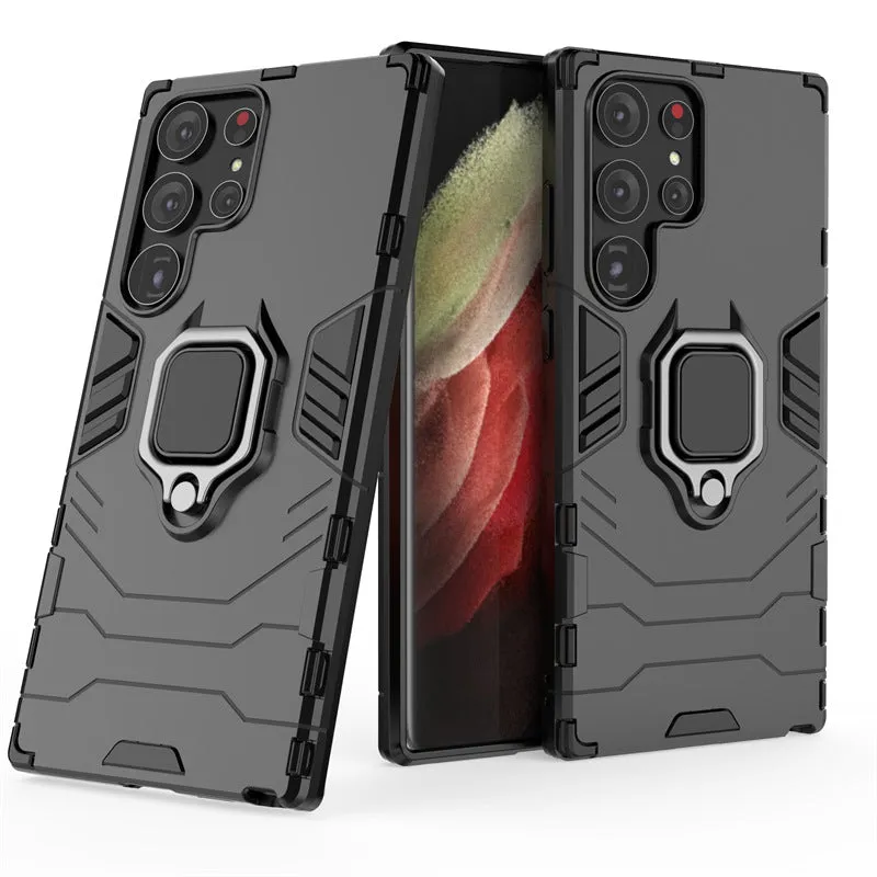 Black TPU PC phone case for Samsung Galaxy with kickstand bracket standing on a table