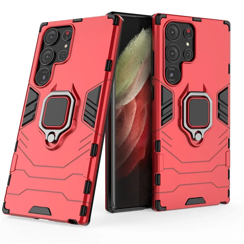Black TPU PC phone case for Samsung Galaxy with kickstand bracket standing on a table