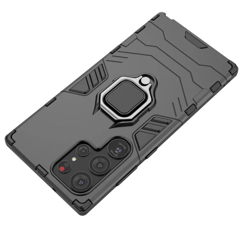 Black TPU PC phone case for Samsung Galaxy with kickstand bracket standing on a table