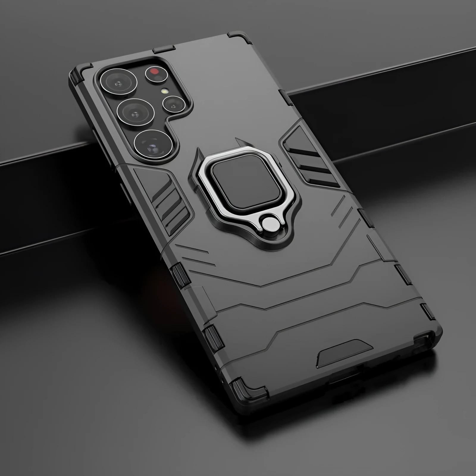 Black TPU PC phone case for Samsung Galaxy with kickstand bracket standing on a table