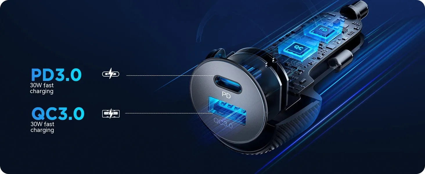 60W dual port button car charger with seven colour ambient light and PD3.0 QC3.0 support