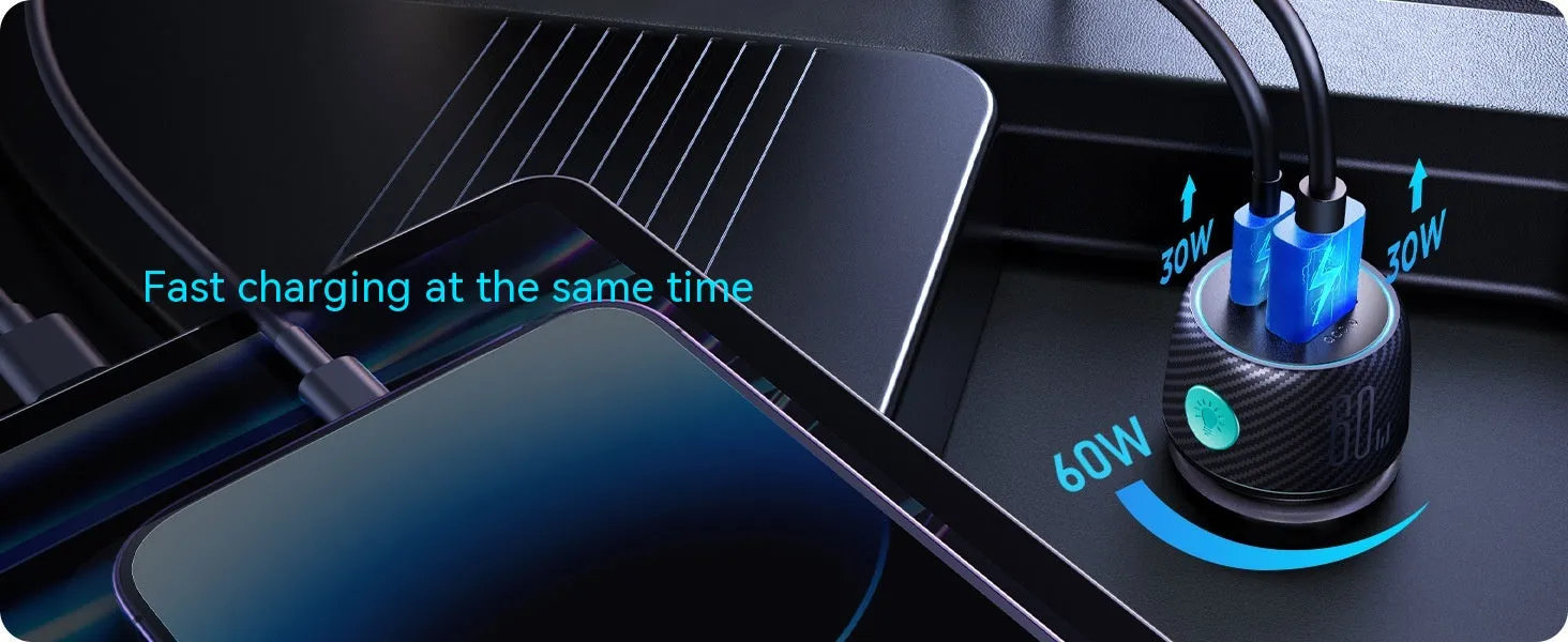 60W dual port button car charger with seven colour ambient light and PD3.0 QC3.0 support