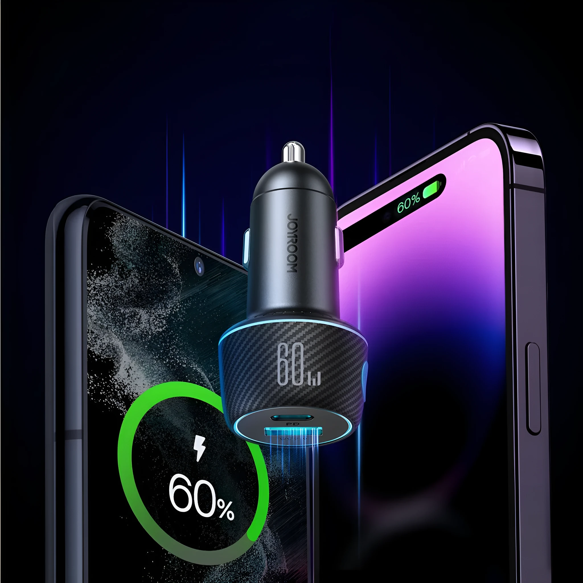 60W dual port button car charger with seven colour ambient light and PD3.0 QC3.0 support