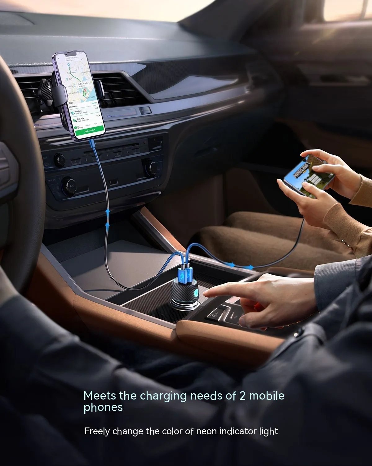 60W dual port button car charger with seven colour ambient light and PD3.0 QC3.0 support