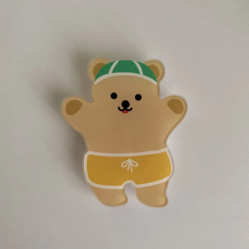 White epoxy resin Brown Bear series phone bracket with bear holding flower design on desk