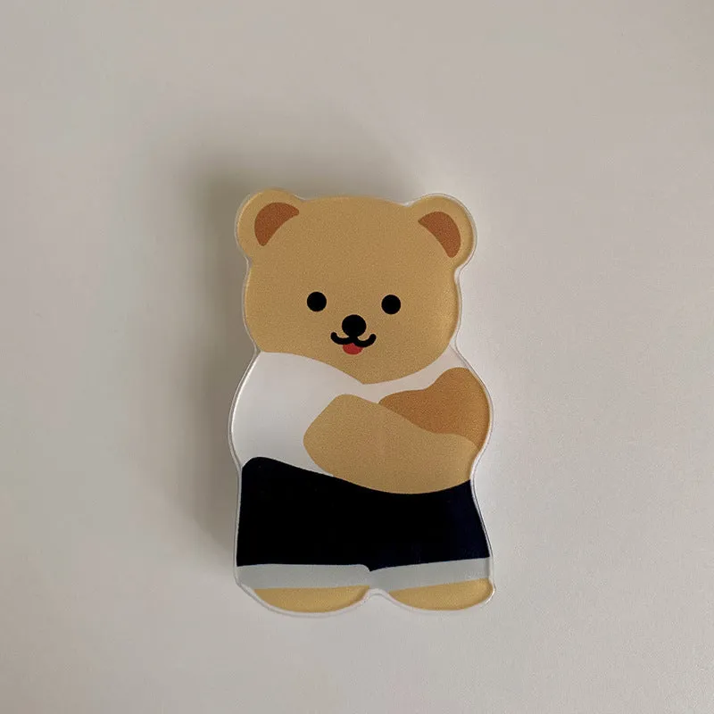 White epoxy resin Brown Bear series phone bracket with bear holding flower design on desk