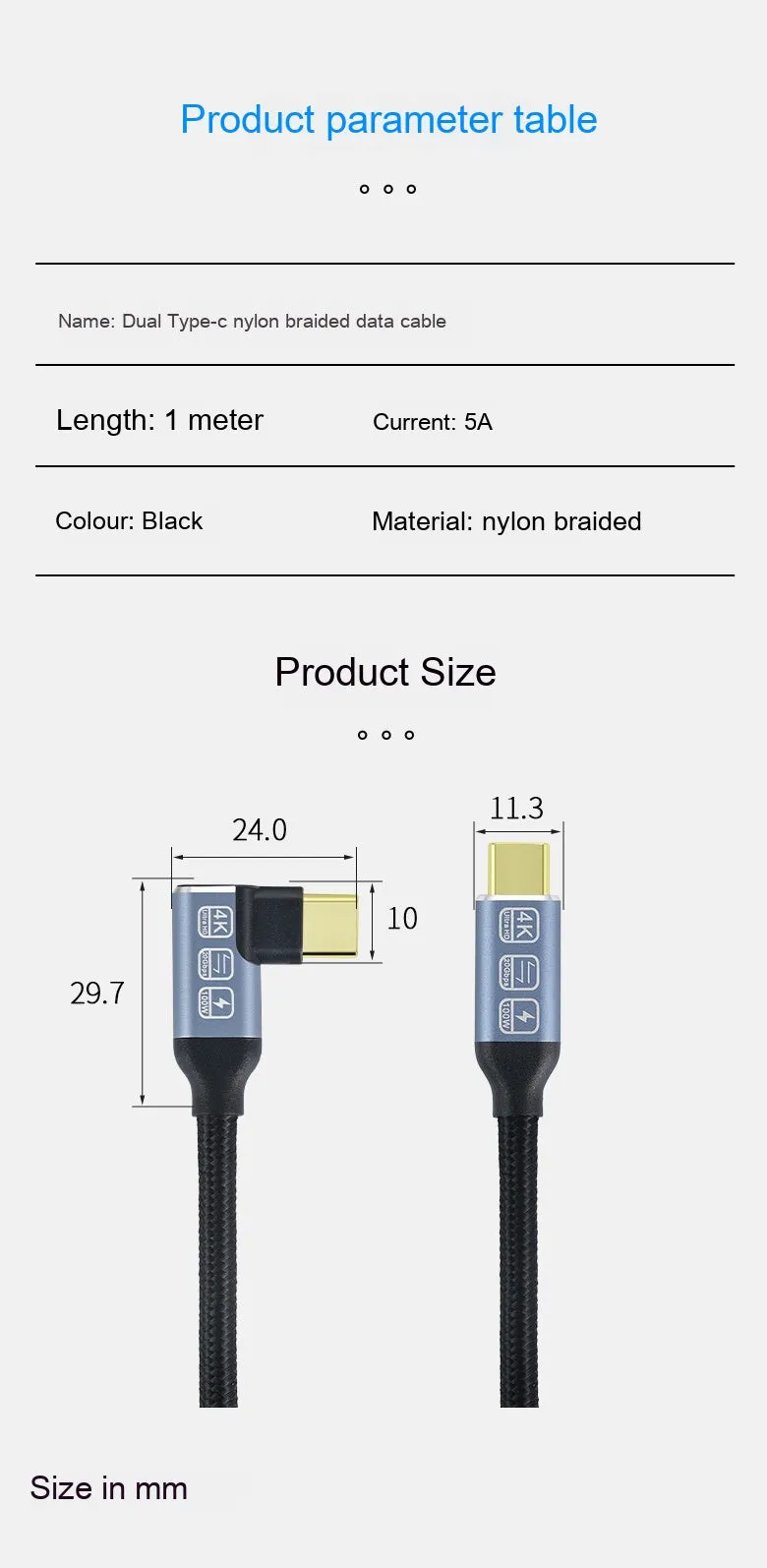 Black woven double Type-C data cable with fast charging support on a flat surface