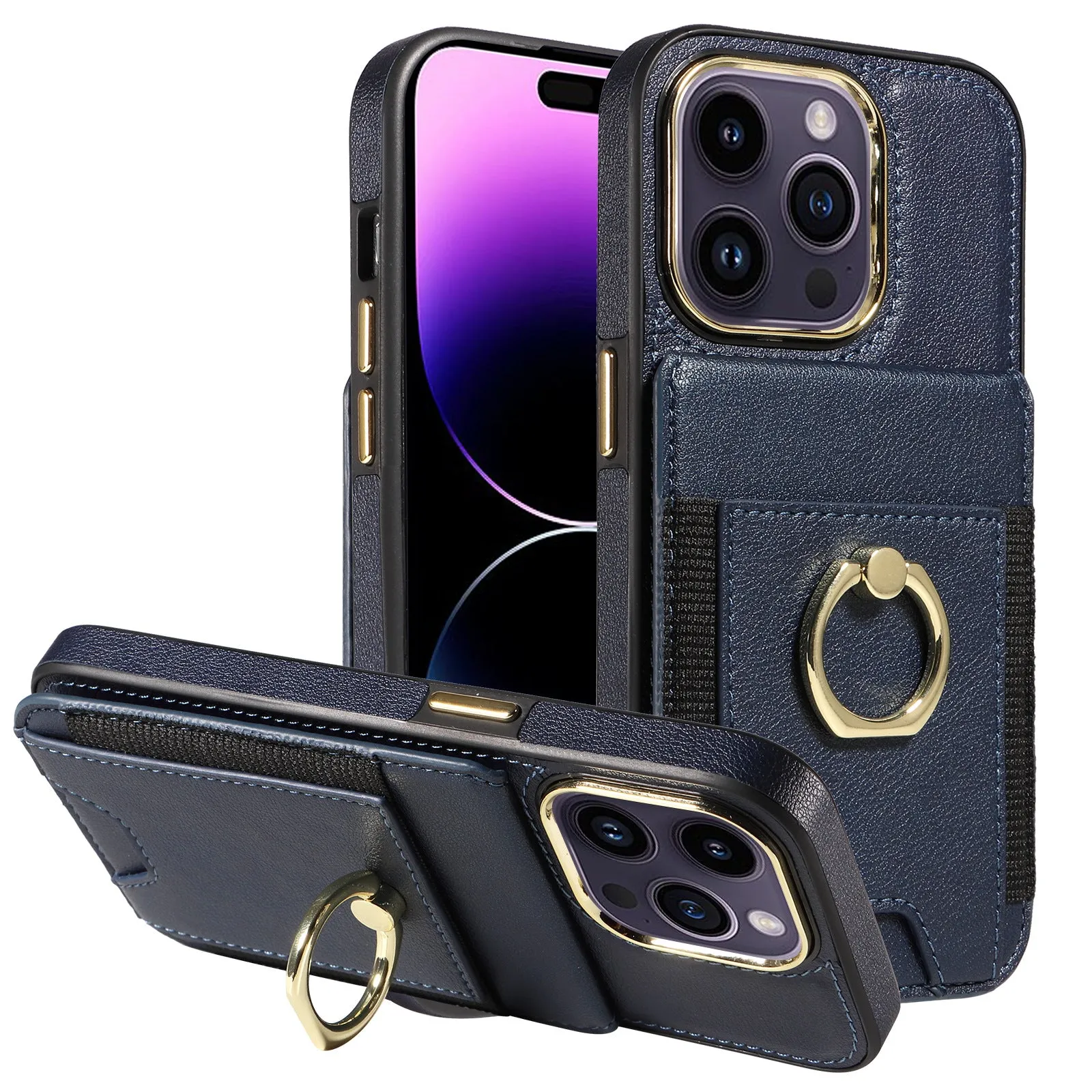 Black imitation leather phone case with card slot, bracket, and magnetic back for iPhone