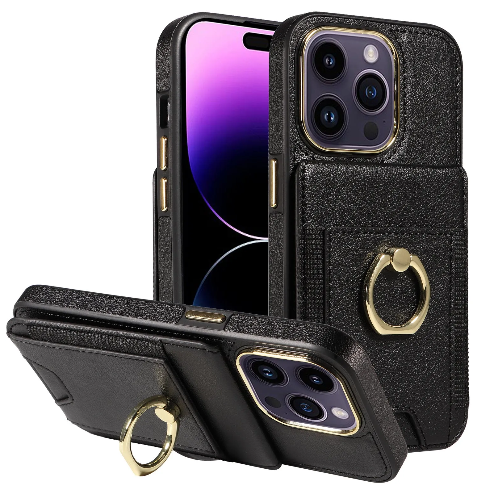 Black imitation leather phone case with card slot, bracket, and magnetic back for iPhone