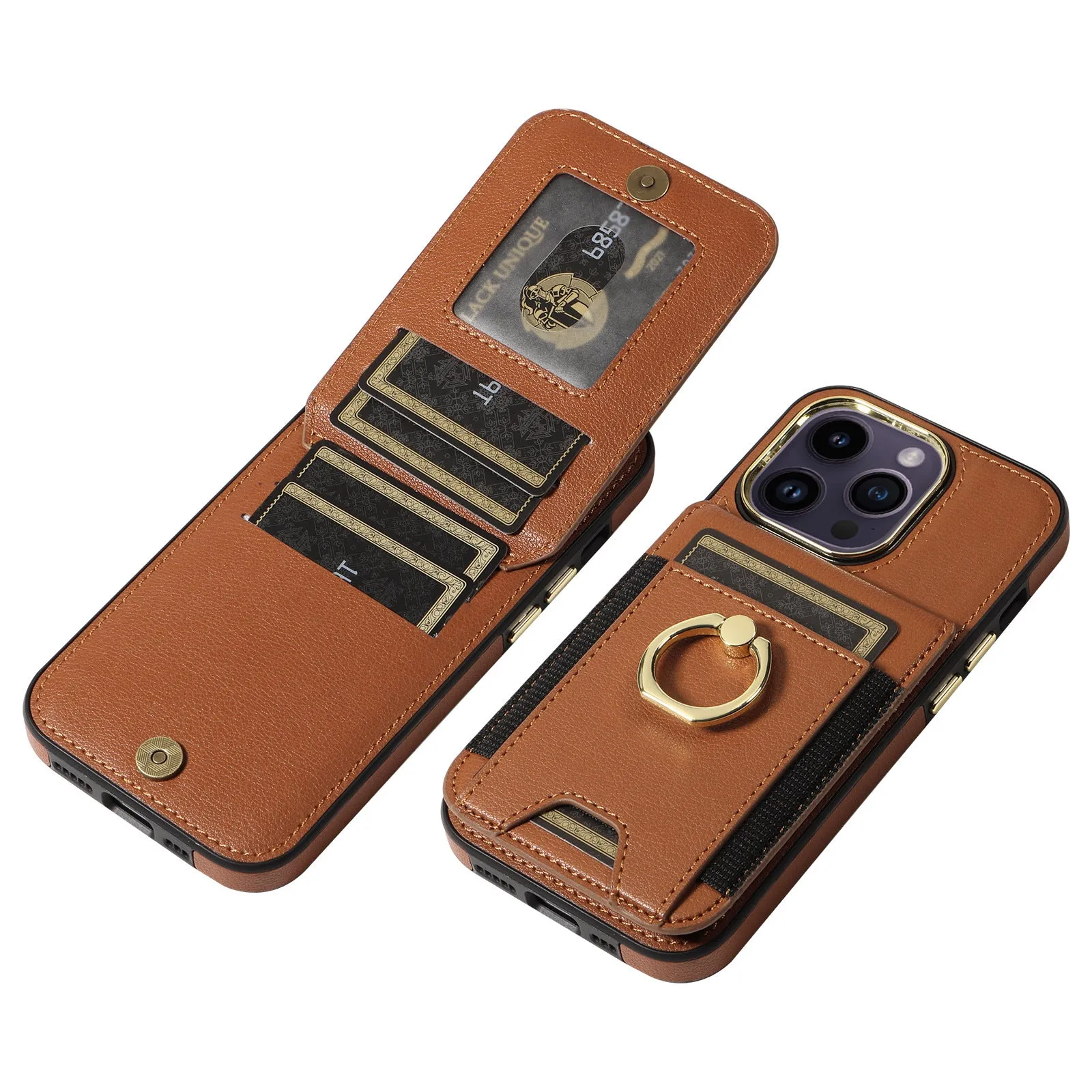 Black imitation leather phone case with card slot, bracket, and magnetic back for iPhone