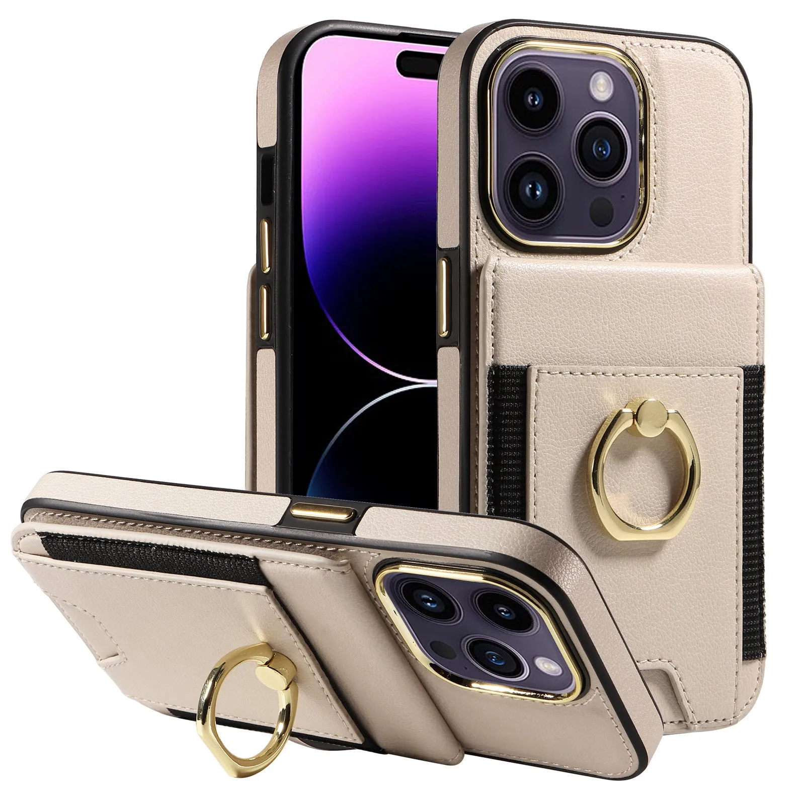 Black imitation leather phone case with card slot, bracket, and magnetic back for iPhone