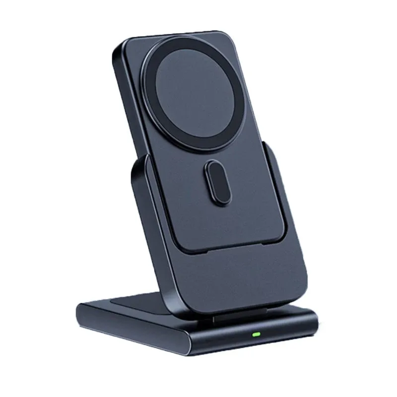 Black magnetic three-in-one power bank with folding bracket charging iPhone 12, Apple Watch, and AirPods case
