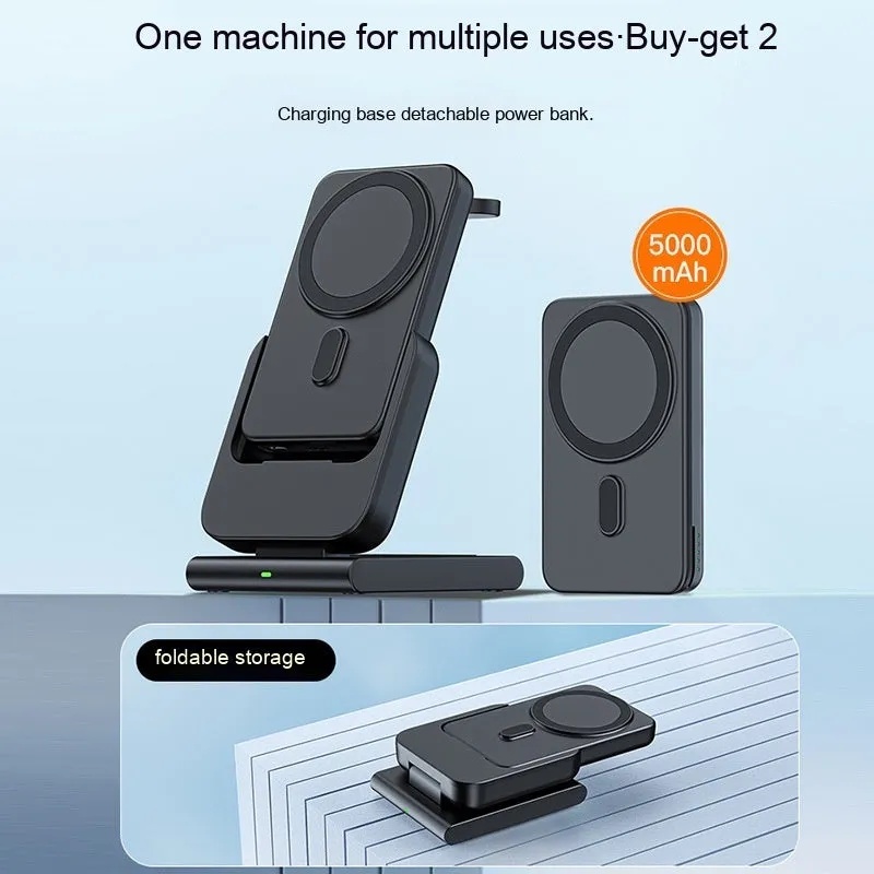 Black magnetic three-in-one power bank with folding bracket charging iPhone 12, Apple Watch, and AirPods case