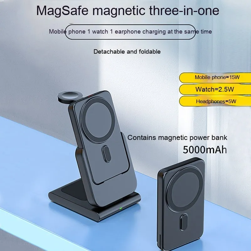 Black magnetic three-in-one power bank with folding bracket charging iPhone 12, Apple Watch, and AirPods case