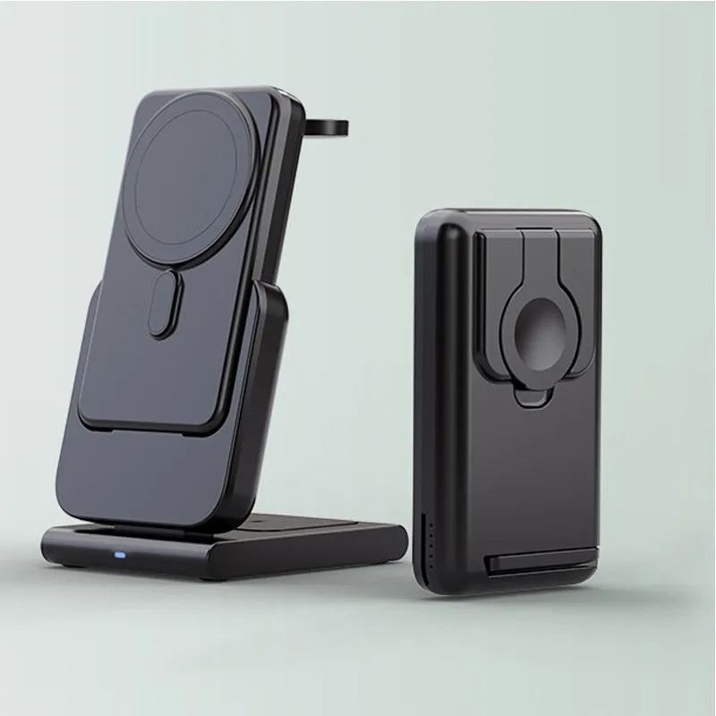 Black magnetic three-in-one power bank with folding bracket charging iPhone 12, Apple Watch, and AirPods case