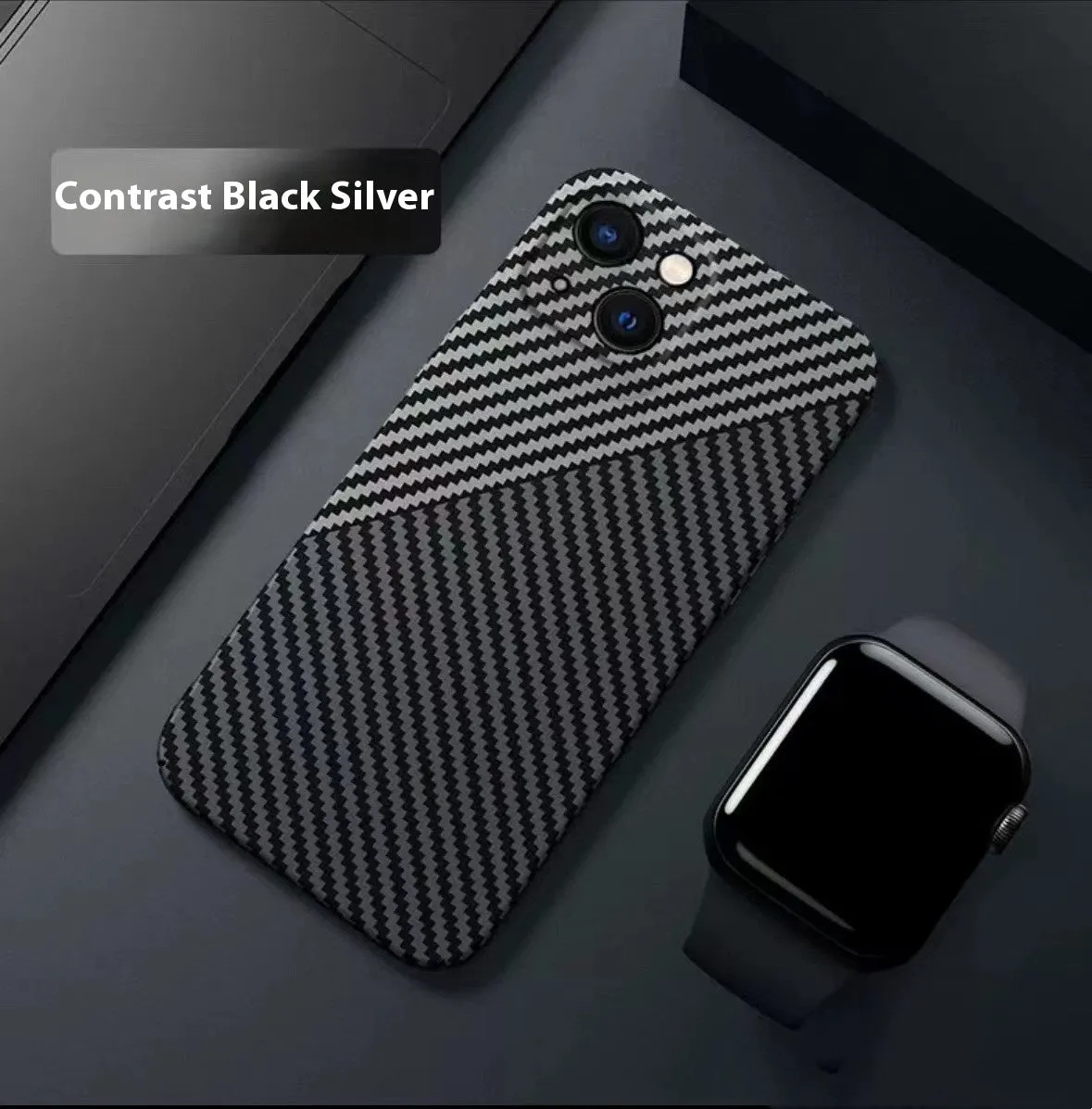 Carbon fiber phone case with drop resistance and heat dissipation for iPhone, black and gray colour