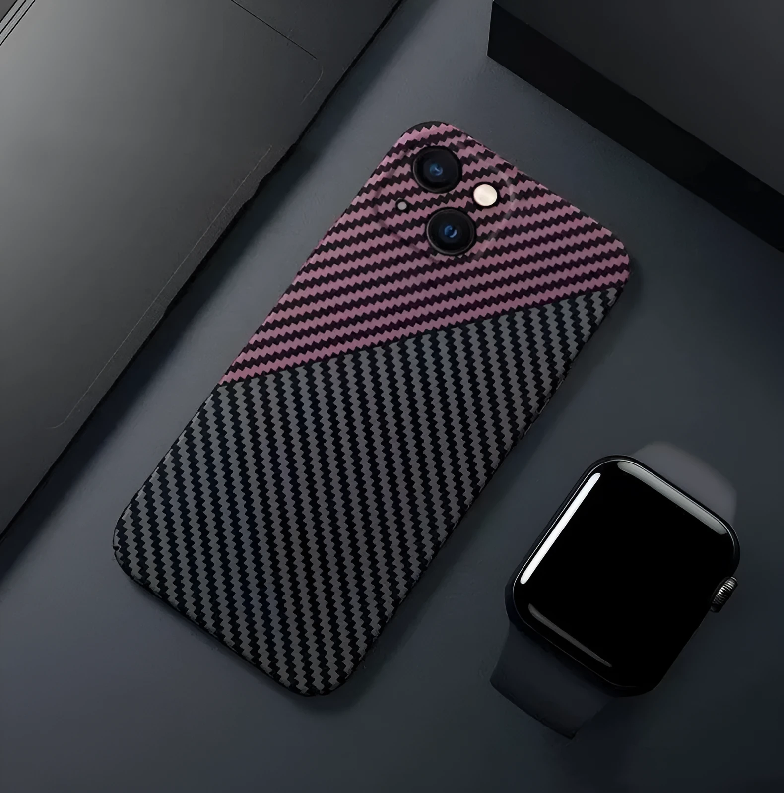 Carbon fiber phone case with drop resistance and heat dissipation for iPhone, black and gray colour