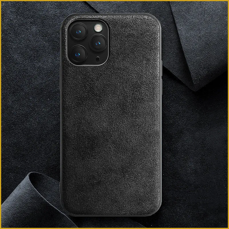 Suede iPhone case in dark blue colour showing full-cover protection and precise cutouts for ports and camera.