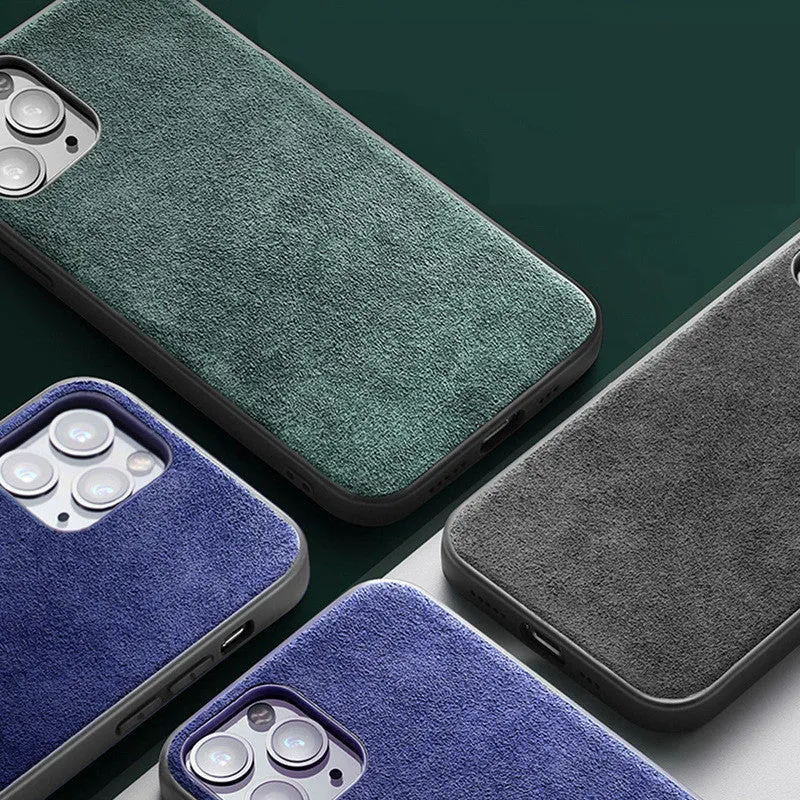 Suede iPhone case in dark blue colour showing full-cover protection and precise cutouts for ports and camera.