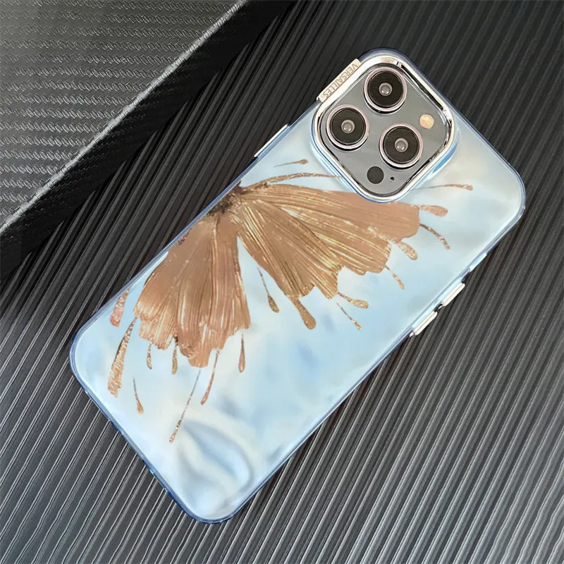Electroplated butterfly pattern phone case in water ripple blue finish for iPhone