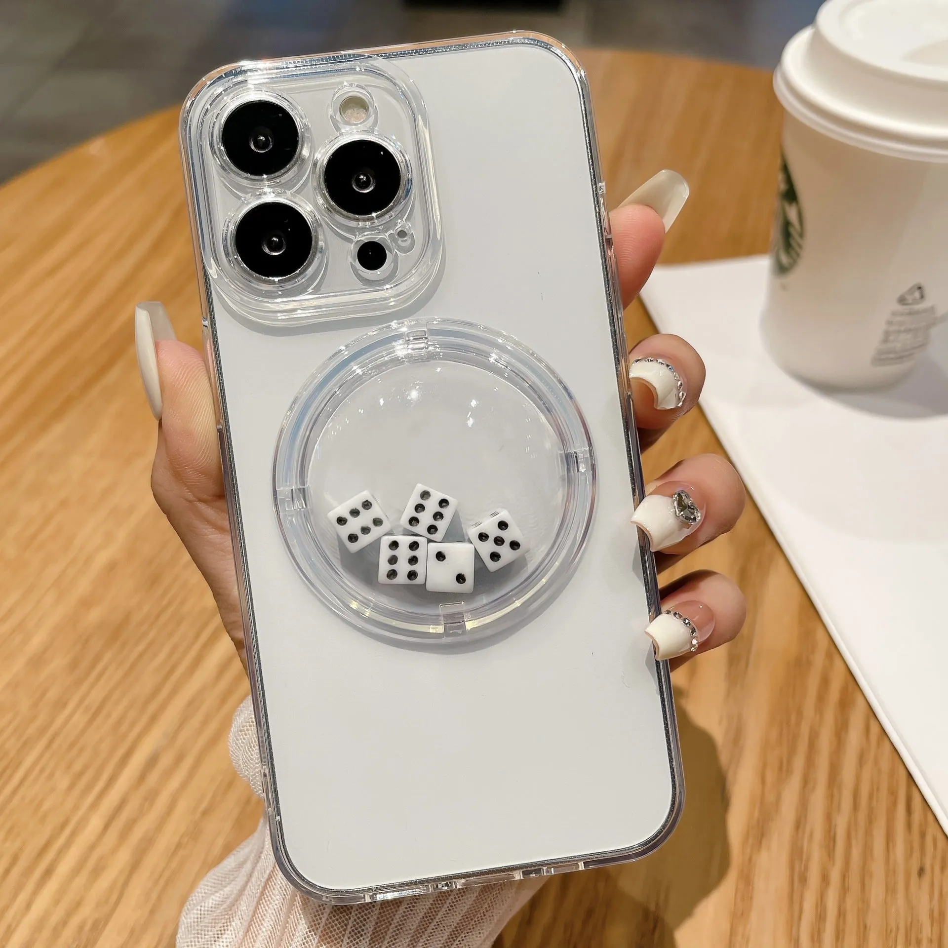 Creative roll dice phone case protective sleeve in white TPU for iPhone 15 series