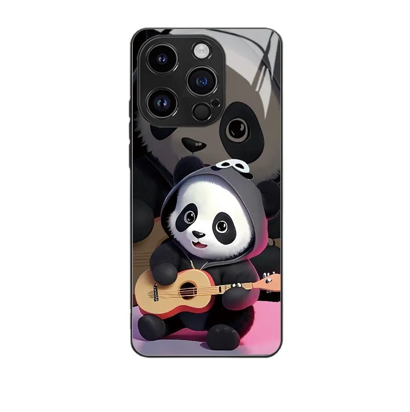 High-permeability glass phone case with painted cute panda artwork for iPhone 15 14 13 12 in black