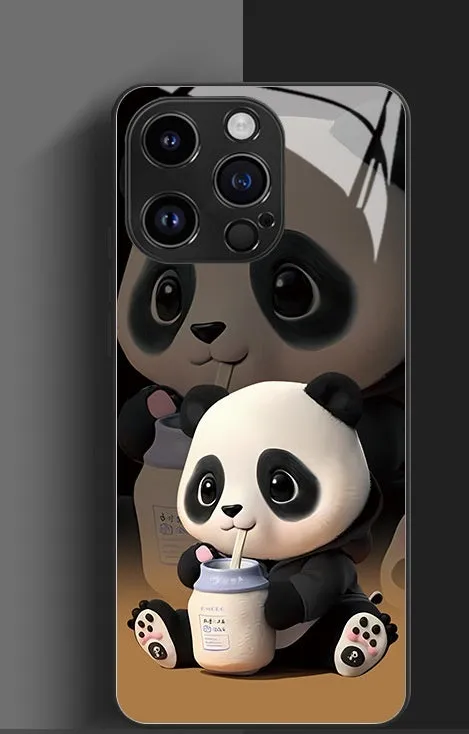 High-permeability glass phone case with painted cute panda artwork for iPhone 15 14 13 12 in black