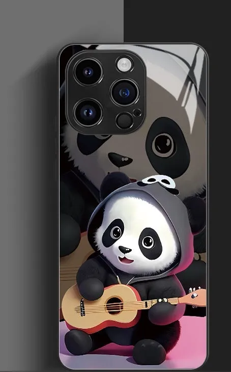 High-permeability glass phone case with painted cute panda artwork for iPhone 15 14 13 12 in black