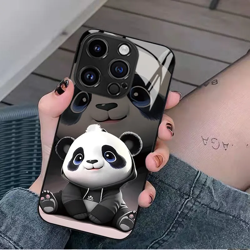 High-permeability glass phone case with painted cute panda artwork for iPhone 15 14 13 12 in black