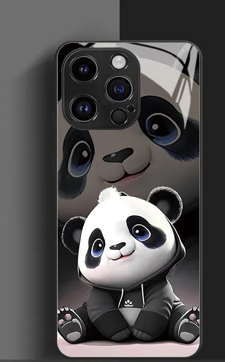 High-permeability glass phone case with painted cute panda artwork for iPhone 15 14 13 12 in black