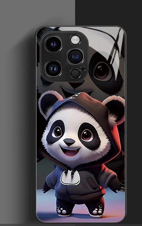 High-permeability glass phone case with painted cute panda artwork for iPhone 15 14 13 12 in black