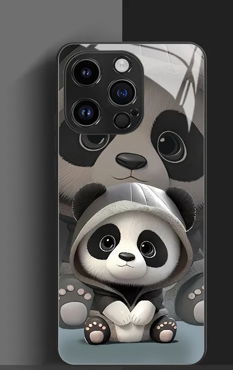 High-permeability glass phone case with painted cute panda artwork for iPhone 15 14 13 12 in black