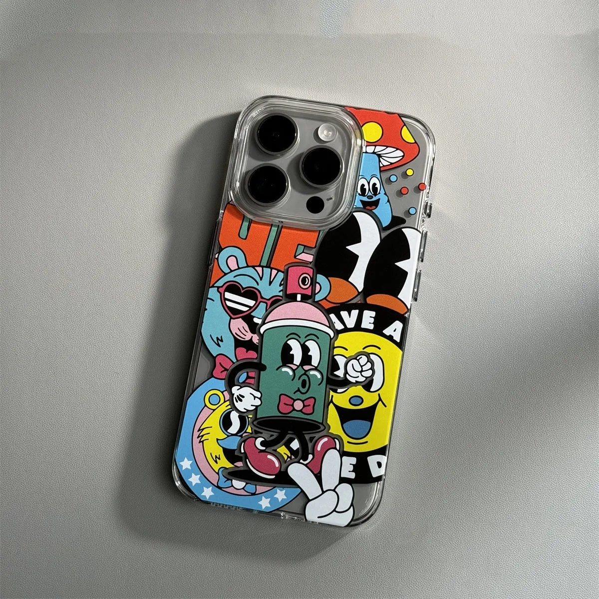 Cartoon transparent soft shell PC phone case for iPhone 15 Pro Max with graffiti print anti-drop protection