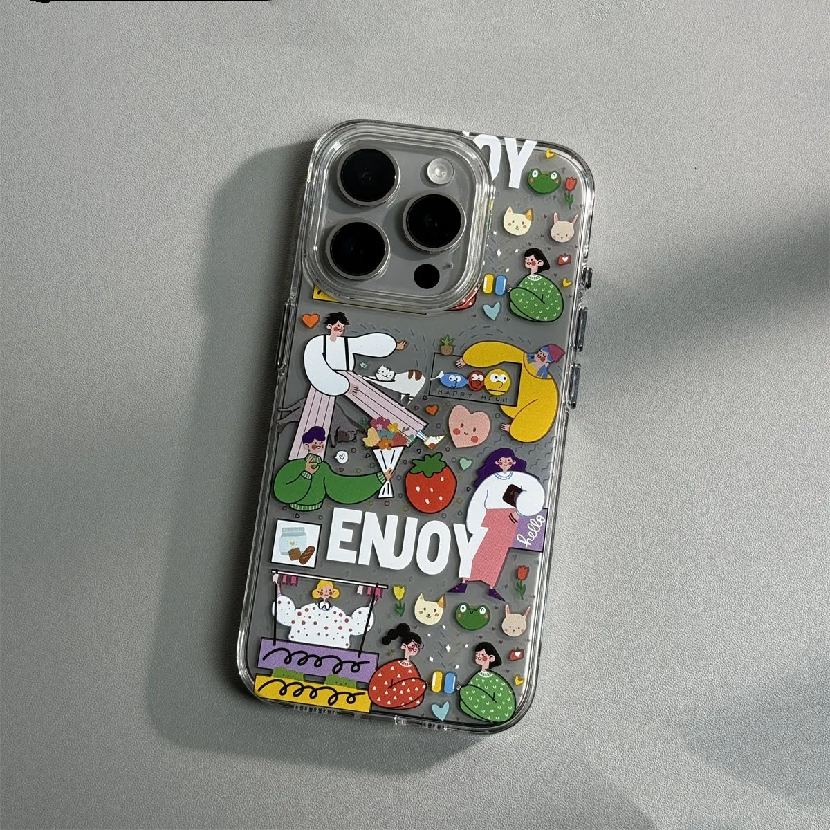 Cartoon transparent soft shell PC phone case for iPhone 15 Pro Max with graffiti print anti-drop protection