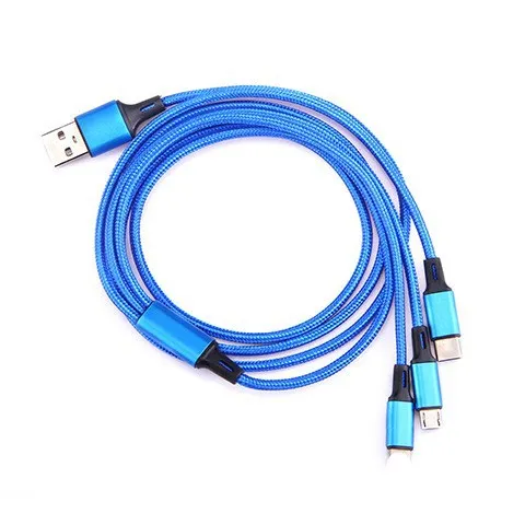 Red nylon woven three-in-one data cable with Lightning, Micro USB, and Type-C connectors on white background