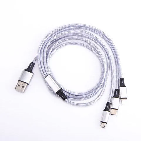 Red nylon woven three-in-one data cable with Lightning, Micro USB, and Type-C connectors on white background