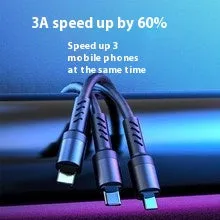 Red nylon woven three-in-one data cable with Lightning, Micro USB, and Type-C connectors on white background