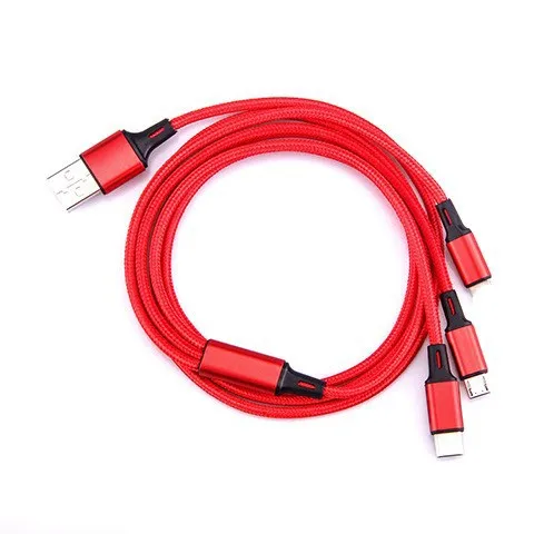 Red nylon woven three-in-one data cable with Lightning, Micro USB, and Type-C connectors on white background
