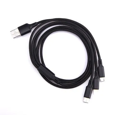 Red nylon woven three-in-one data cable with Lightning, Micro USB, and Type-C connectors on white background