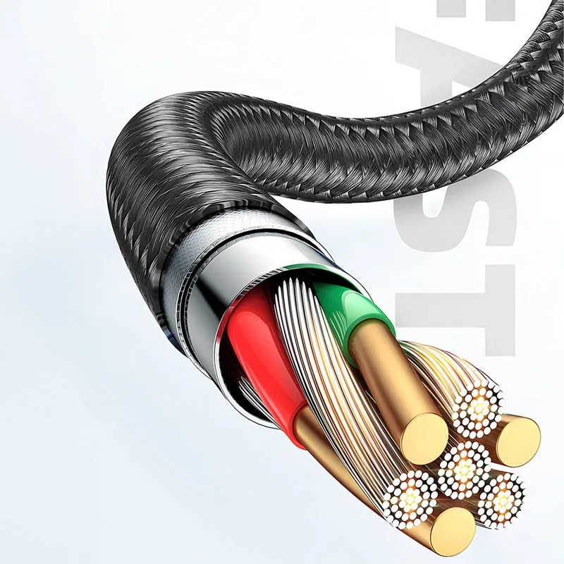 Black woven braided fast charge data cable with digital display showing wattage, 1.2m and 2m lengths available