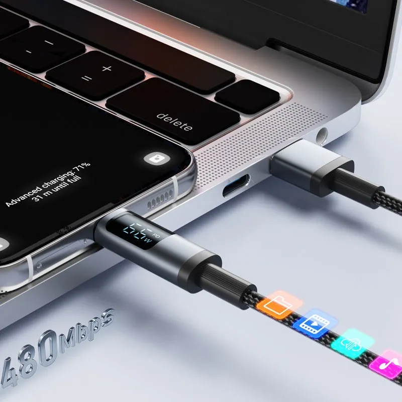 Black woven braided fast charge data cable with digital display showing wattage, 1.2m and 2m lengths available