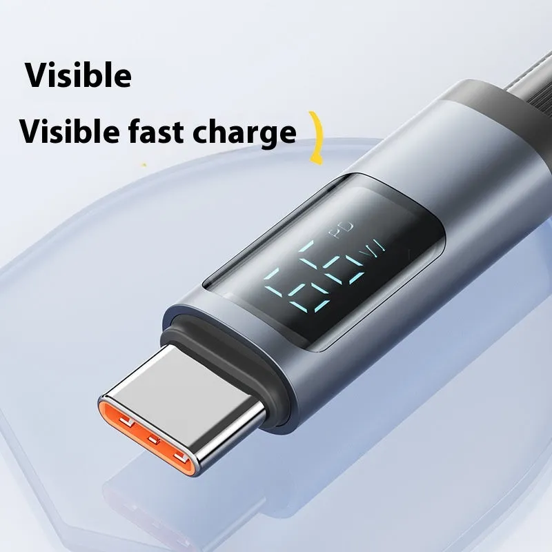 Black woven braided fast charge data cable with digital display showing wattage, 1.2m and 2m lengths available