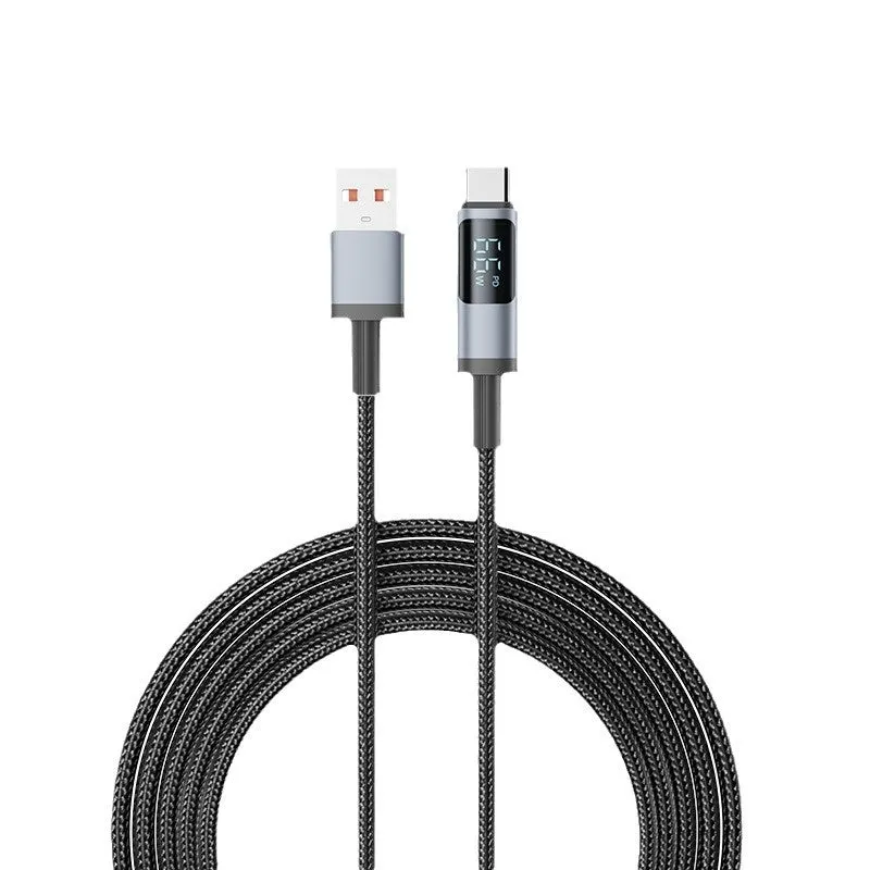 Black woven braided fast charge data cable with digital display showing wattage, 1.2m and 2m lengths available