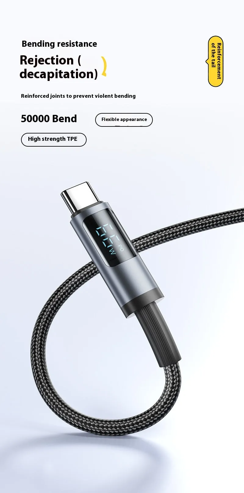 Black woven braided fast charge data cable with digital display showing wattage, 1.2m and 2m lengths available