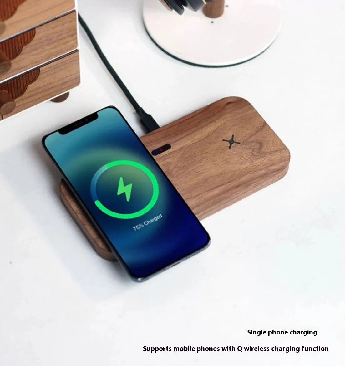 Walnut flat wireless charger dual charge pad for phone and earphone with foreign object detection
