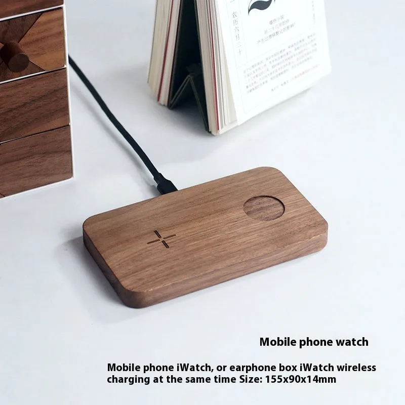 Walnut flat wireless charger dual charge pad for phone and earphone with foreign object detection