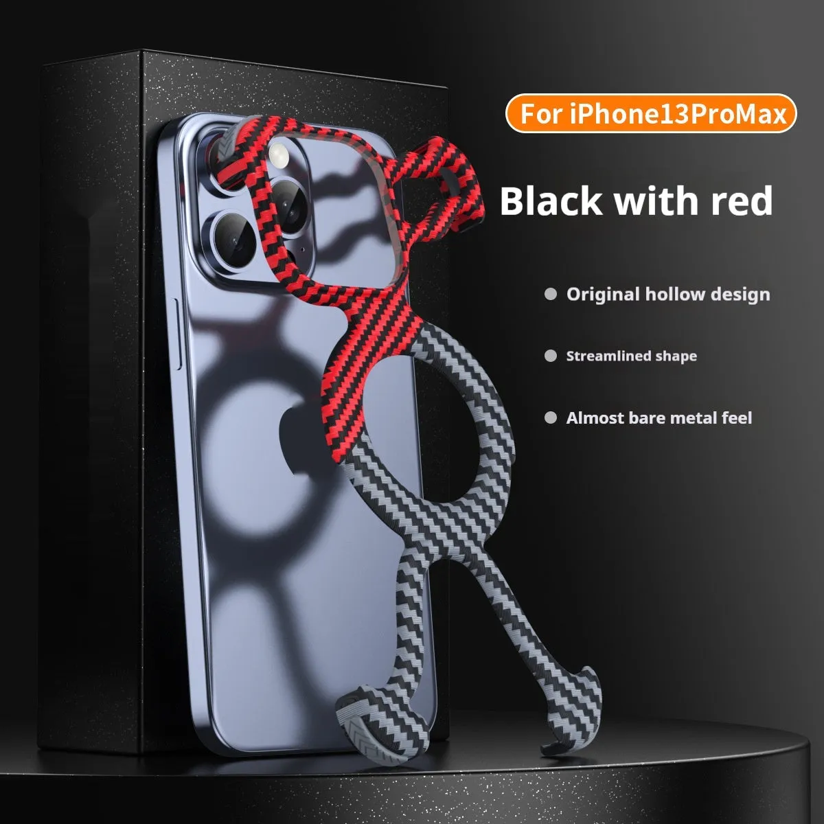 Carbon fibre grain magnetic phone case for iPhone with frameless hollow back and electroplated finish